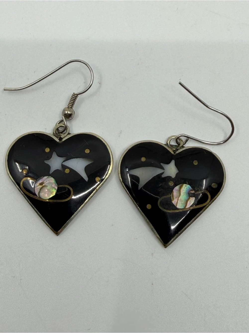 Black Heart Inlay Dangle Earrings with Abalone Accent